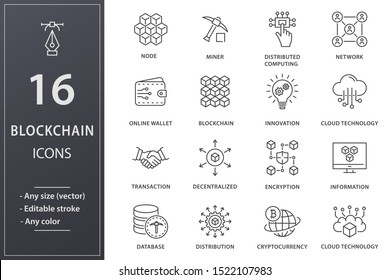 Blockchain line icons. Set of mining, bitcoin, currency and more. Editable stroke.
