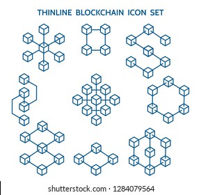Blockchain line icons. Vector block chain linear icon set, structural data and events blocks technology, 3d cubes structure elements