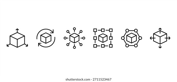 Colección de íconos lineales de blockchain. Conjunto de iconos de cubo. Conjunto de iconos de línea de Vector relacionados con cubos. Cubos con simples marcas de contorno sobre un fondo transparente. Trazo editable.