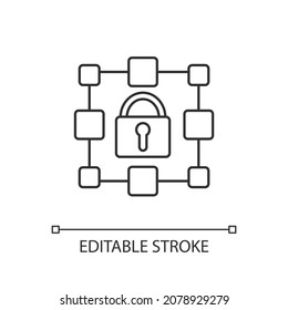 Blockchain linear icon. Encrypted data blocks storage. Recording information about cryptocurrency. Thin line customizable illustration. Contour symbol. Vector isolated outline drawing. Editable stroke