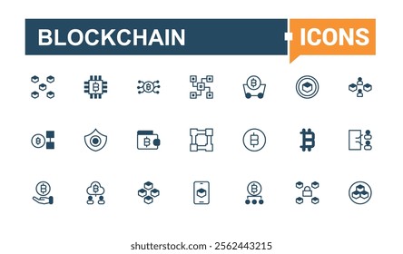 Blockchain lined icons set. It contains symbols to blockchain, key, digital, coin, node, bank, smart, 8s. Set of line pictogram. Solid line editable vector illustration.
