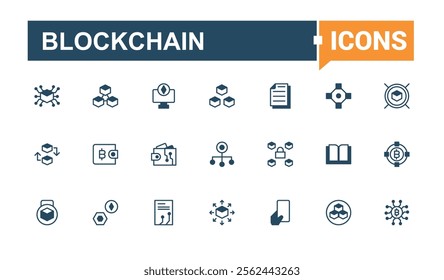 Blockchain lined icons set. It contains symbols to blockchain, key, digital, coin, node, bank, smart, 8s. Set of line pictogram. Solid line editable vector illustration.