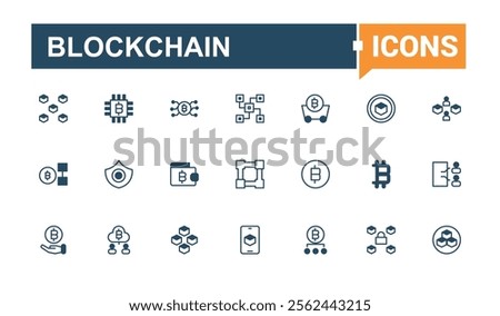 Blockchain lined icons set. It contains symbols to blockchain, key, digital, coin, node, bank, smart, 8s. Set of line pictogram. Solid line editable vector illustration.