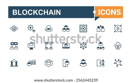 Blockchain lined icons set. It contains symbols to blockchain, key, digital, coin, node, bank, smart, 8s. Set of line pictogram. Solid line editable vector illustration.