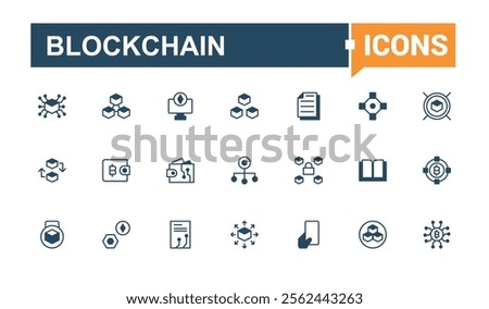 Blockchain lined icons set. It contains symbols to blockchain, key, digital, coin, node, bank, smart, 8s. Set of line pictogram. Solid line editable vector illustration.