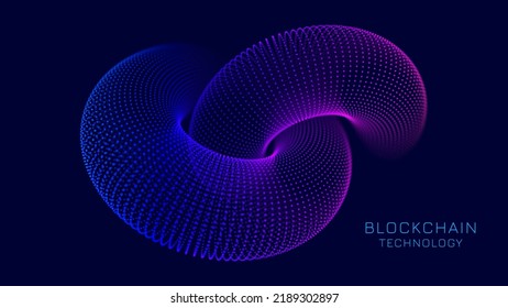 Signo de enlace de cadena de bloqueo. Cuadrícula de enlace de cadena 3D. Dos Torus. Moneda de cifrado de cadena de bloques. Hipervínculo. Cuadrícula de armazón alambre 3D. Ilustración moderna del vector de arte tecnológico de NFT.  