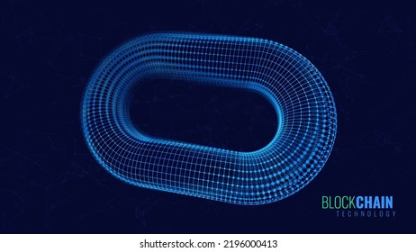 Blockchain Link Sign. 3D Chain Link Grid. Two Torus. Block Chain Crypto Currency. Hyperlink. 3D Wireframe Grid. Modern NFT Tech Art Vector Illustration.