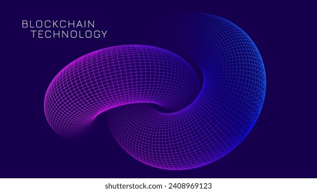 Blockchain Link Sign. 3D Chain Link Grid. Two Torus. Block Chain Crypto Currency. Hyperlink. 3D Wireframe Grid. Modern NFT Tech Art Vector Illustration.