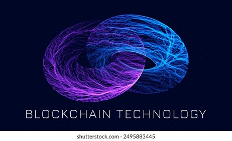 Blockchain Link Sign. 3D Chain Link Grid. Two Torus. Block Chain Crypto Currency. Hyperlink. 3D Wireframe Grid. Modern NFT Tech Art Vector Illustration.