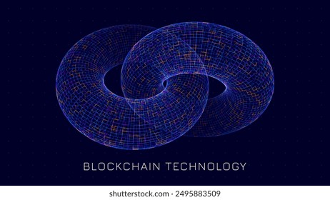 Blockchain Link Sign. 3D Chain Link Grid. Two Torus. Block Chain Crypto Currency. Hyperlink Symbol 3D Wireframe Grid. Tech Art Vector Illustration.