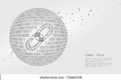 Blockchain link sign low poly. Internet technology chain icon triangle polygonal hyperlink planet Earth international community business concept. Gray white isolated wire point vector illustration