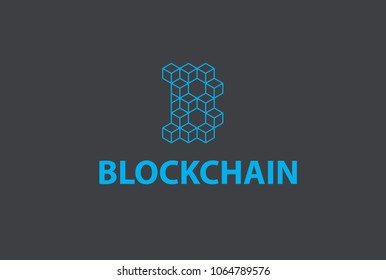 Blockchain logo or icon - 3d isometric cube letter B blue color vector shape - illustration in flat style