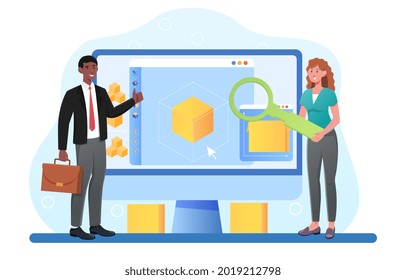 Blockchain market, cryptocurrency exchange process, cubic blocks connected into chain, business people money transfer. Flat abstract metaphor cartoon vector concept design isolated on white background