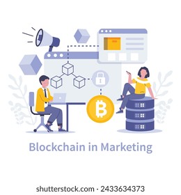 Blockchain in marketing concept. Secure and transparent customer data management with cryptocurrency. Enhanced trust and verification in digital transactions. Vector illustration.