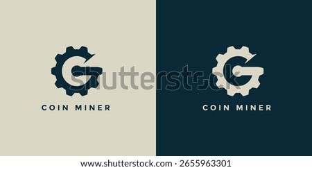 Blockchain meaning technology logo design. Renewable cryptocurrency mining vector design. Landscape with gear and digital coin logotype