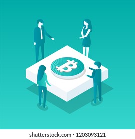 Blockchain meeting of people gathered under table with bitcoin logotype. Isolated isometric icon 3d, workers with ideas about cryptocurrency vector