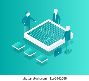Blockchain meeting of people, man discussing financial issues of cryptocurrency. Table in form of computer plate workers talking isometric 3d vector