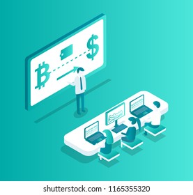 Blockchain meeting seminar isolated isometric 3d vector. Table with workers listening to person presenter,  giving information from scree. Cyber space