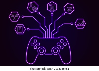 Blockchain, Metaverse, GameFi, P2E, NFT concept neon design.Connect to blockchain with game console.