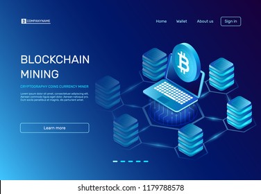 Blockchain mining. Cryptography coins currency miner payment on ethereal mine laptop connected to blockchain bitcoin farms network. E crypto world business banking commerce vector illustration