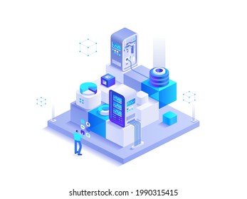 Blockchain Mining Technology Isometric Abstract Concept. Man Working At Digital Money Mining Farm With Server Racks. Investment And Financial Tools. Vector Character Illustration In Isometry Design