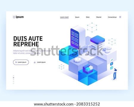 Blockchain mining technology isometric abstract concept. Woman working at digital money mining farm with server racks. Investment and financial tools. Vector template illustration in isometry design