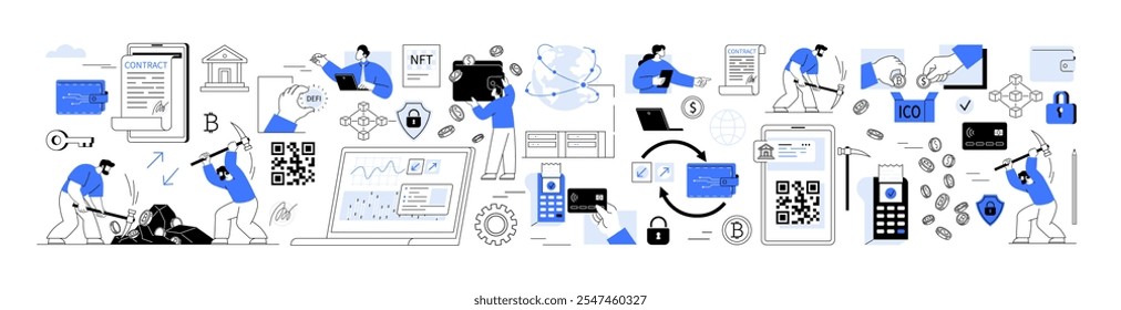 Criptomoneda de pago móvil blockchain. Minería de criptomonedas, finanzas, mercado de dinero digital, cartera de criptomonedas, metáfora de conjunto de intercambio de criptomonedas. Digital, NFC, efectivo, sistemas globales, cheques, billeteras electrónicas.