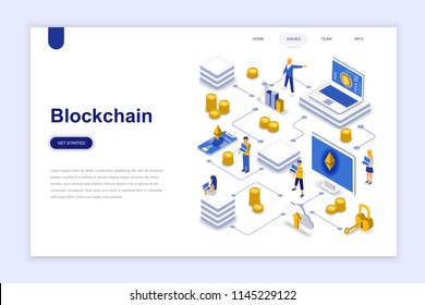Blockchain modern flat design isometric concept. Cryptocurrency and people concept. Landing page template. Conceptual isometric vector illustration for web and graphic design.