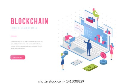 Blockchain modern flat design isometric landing page template. Cryptocurrency and people concept. Landing page template. Conceptual isometric vector illustration for web and graphic design