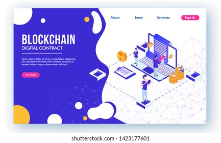 Blockchain modern flat design isometric with Currency and people concept. Illustration of web and graphic design for Landing page template.