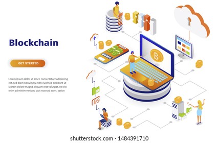 Blockchain modern flat design isometric concept. Cryptocurrency and people concept. Landing page template. Conceptual isometric vector illustration for web and graphic design.