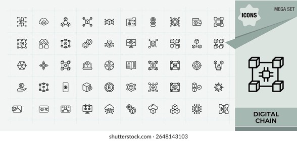 Blockchain conjunto de ícone moderno. Pacote de ícones minimalistas. Coleções de traçados editáveis. Conjunto de ícones simples Bitcoin. Incluídos fin, tecnologia, carteira, mineração, bloco e muito mais.