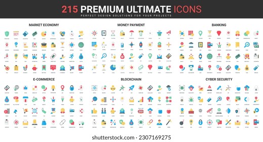 Blockchain, money payment and trade color flat icons set vector illustration. Abstract symbols of ecommerce order, banking account and wallet, online business simple design for mobile and web apps