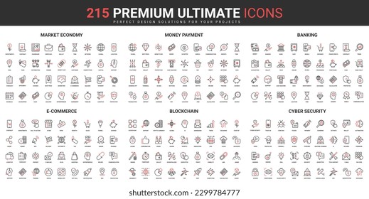 Blockchain, money payment and trade thin line red black icons set vector illustration. Abstract symbols ecommerce order, banking account and wallet, online business simple design for mobile, web apps