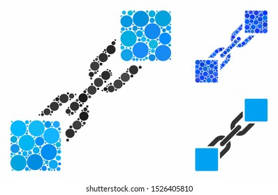 Blockchain mosaic for blockchain icon of filled circles in various sizes and color tones. Vector filled circles are composed into blue mosaic. Dotted blockchain icon in usual and blue versions.