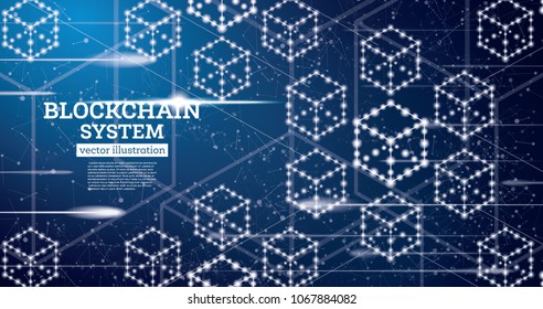 Blockchain Neon Outline Concept On Blue Background. Cryptocurrency Data Sign Design. Geometric Block Chain Technology. Vector Illustration.