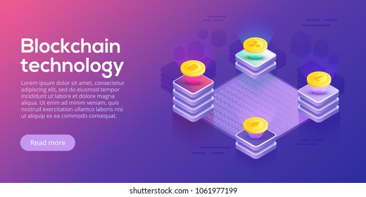 Blockchain network business layout. Cryptocurrency transfer isometric vector concept illustration. Digital crypto currency exchange or transaction process background. Online payment or mining process.