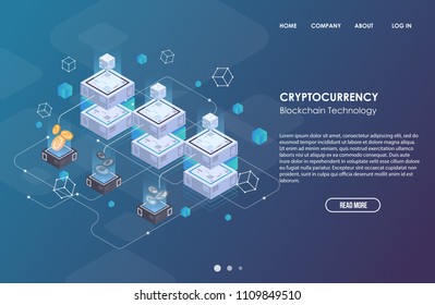 Blockchain network business template. Cryptocurrency and blockchain isometric composition. Mining Abstract Technology. Digital money system. Layout for web and app.