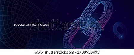 Blockchain Network Chain In Futuristic Neon Grid Style, Digital Security And Cryptocurrency Concept On Dark Background, Vector Illustration.