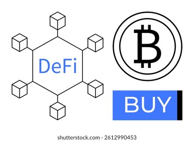 Blockchain network concept with DeFi, Bitcoin symbol, and BUY button. Ideal for cryptocurrency, fintech, digital investment, blockchain technology, online trading, decentralized finance trends