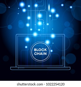 Blockchain network concept , Distributed ledger technology , Block chain text and computer connection. The file is saved in the version AI10 EPS. 