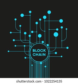 Blockchain network concept , Distributed ledger technology , Block chain text and computer connection. The file is saved in the version AI10 EPS. 