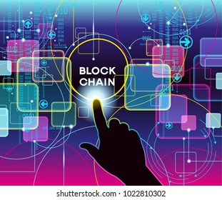Blockchain network concept , Distributed ledger technology , Block chain text and computer connection. The file is saved in the version AI10 EPS. 