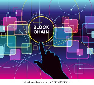 Blockchain network concept , Distributed ledger technology , Block chain text and computer connection. The file is saved in the version AI10 EPS. 