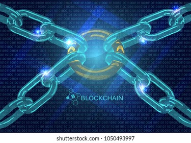 Blockchain network concept. Distributed ledger technology. Security. Blockchain text and digital chain concept with blue background.