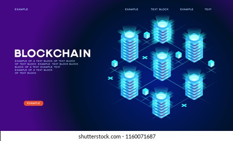 Blockchain network concept , Distributed ledger technology , Block chain text and computer connection. Modern 3d isometric vector illustration of web page.  Design concept.
