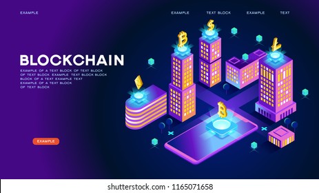 Blockchain network concept , Distributed ledger technology , Block chain text and computer connection. Modern 3d isometric vector illustration of web page.  Design concept.