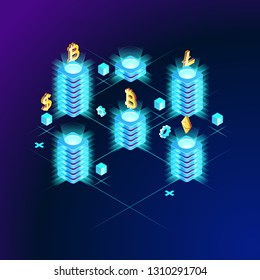 Blockchain network concept , Distributed ledger technology , Block chain text and computer connection. Modern 3d isometric vector illustration of web page.  Design concept.