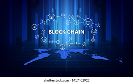 Blockchain network concept, distributed ledger technology, chain messages, blocks and computer connections worldwide. vector illustration