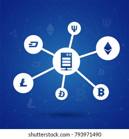 Blockchain network concept , Distributed ledger, computer connection technology, matrix coded background.